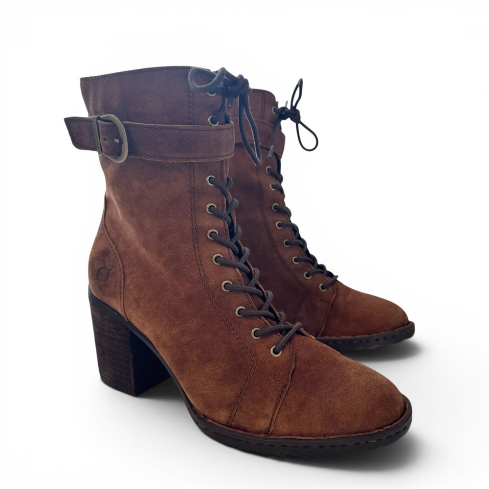 Born Cass Block Heel Lace Up Suede Ankle Combat Boots Heels Rust Womens Size 9.5